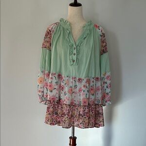 Boho Mint Green/Pink Floral Women's Blouse